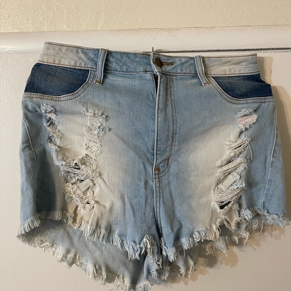 Distressed Light Blue Denim Shorts